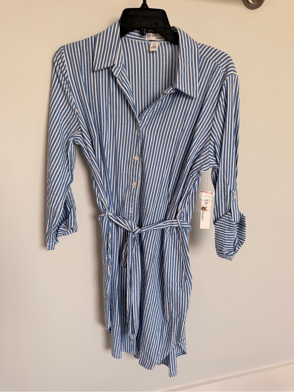 Dash Studio Striped Blue Midi Shirt Dress with Self-Tie Waist- M